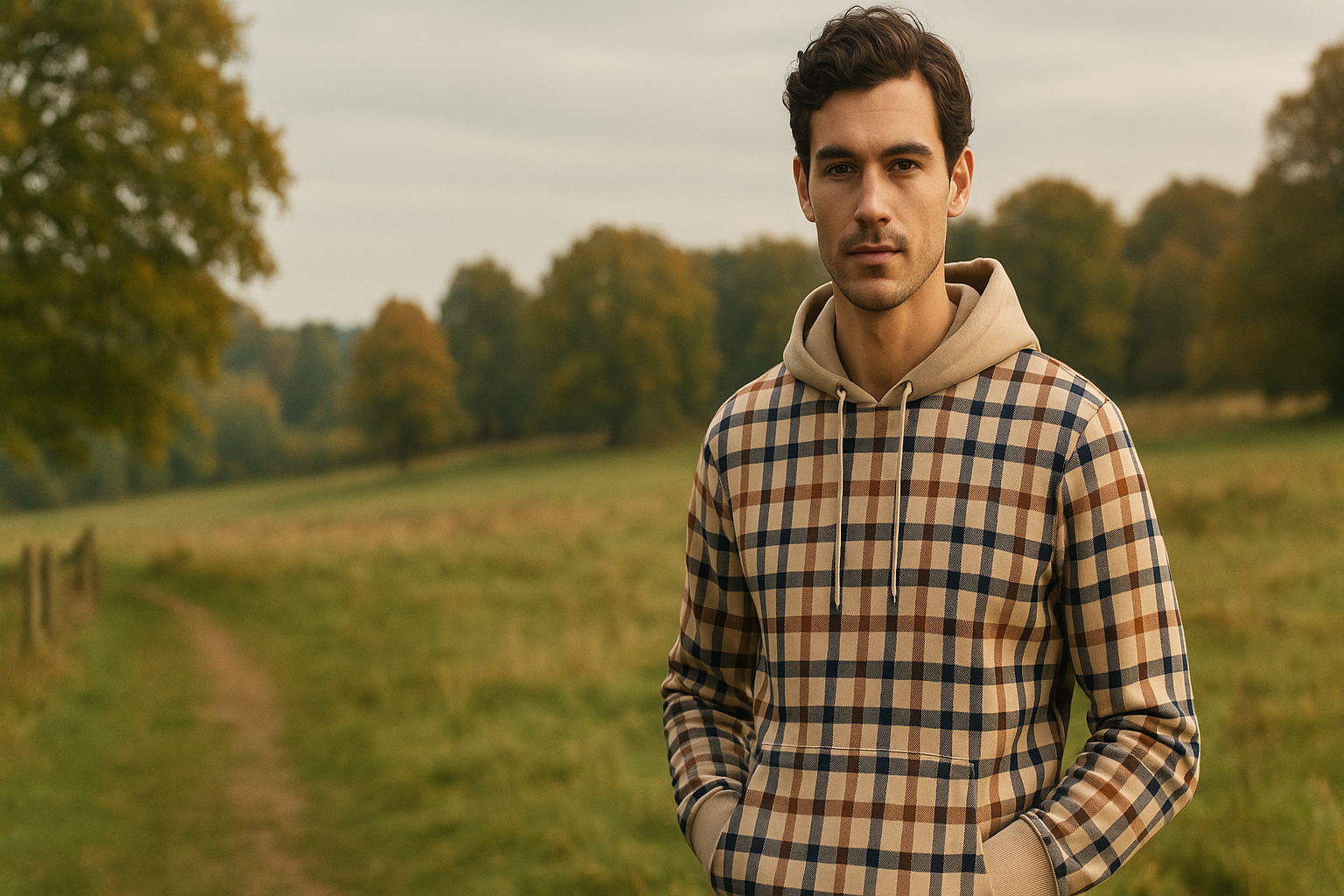 Aquascutum banner with model wearing Club Check Hoodie in beige with distinctive check pattern, British outdoor setting, no logo