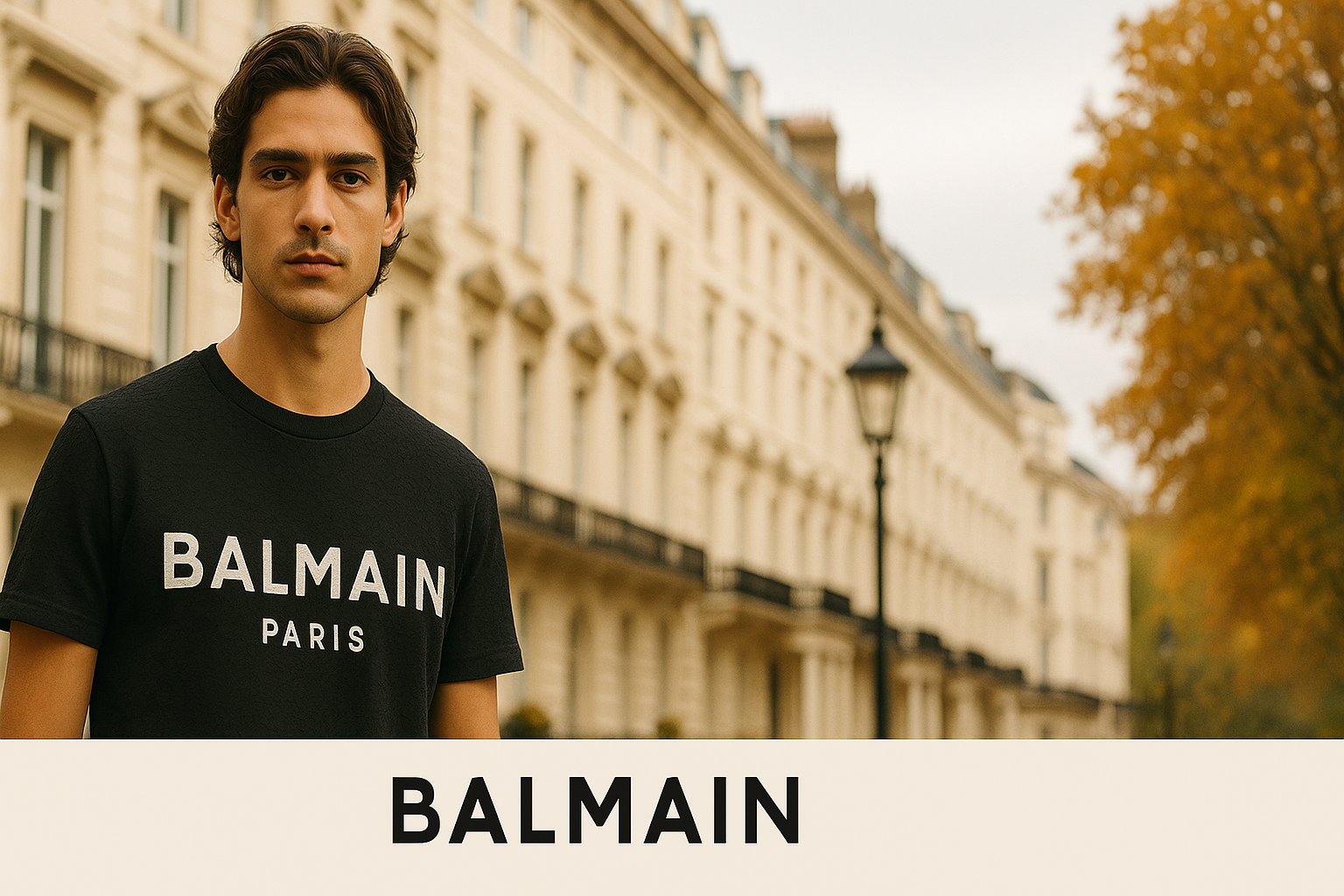 Balmain banner with accurate logo on t-shirt, luxury London backdrop, natural model pose, centrally positioned logo
