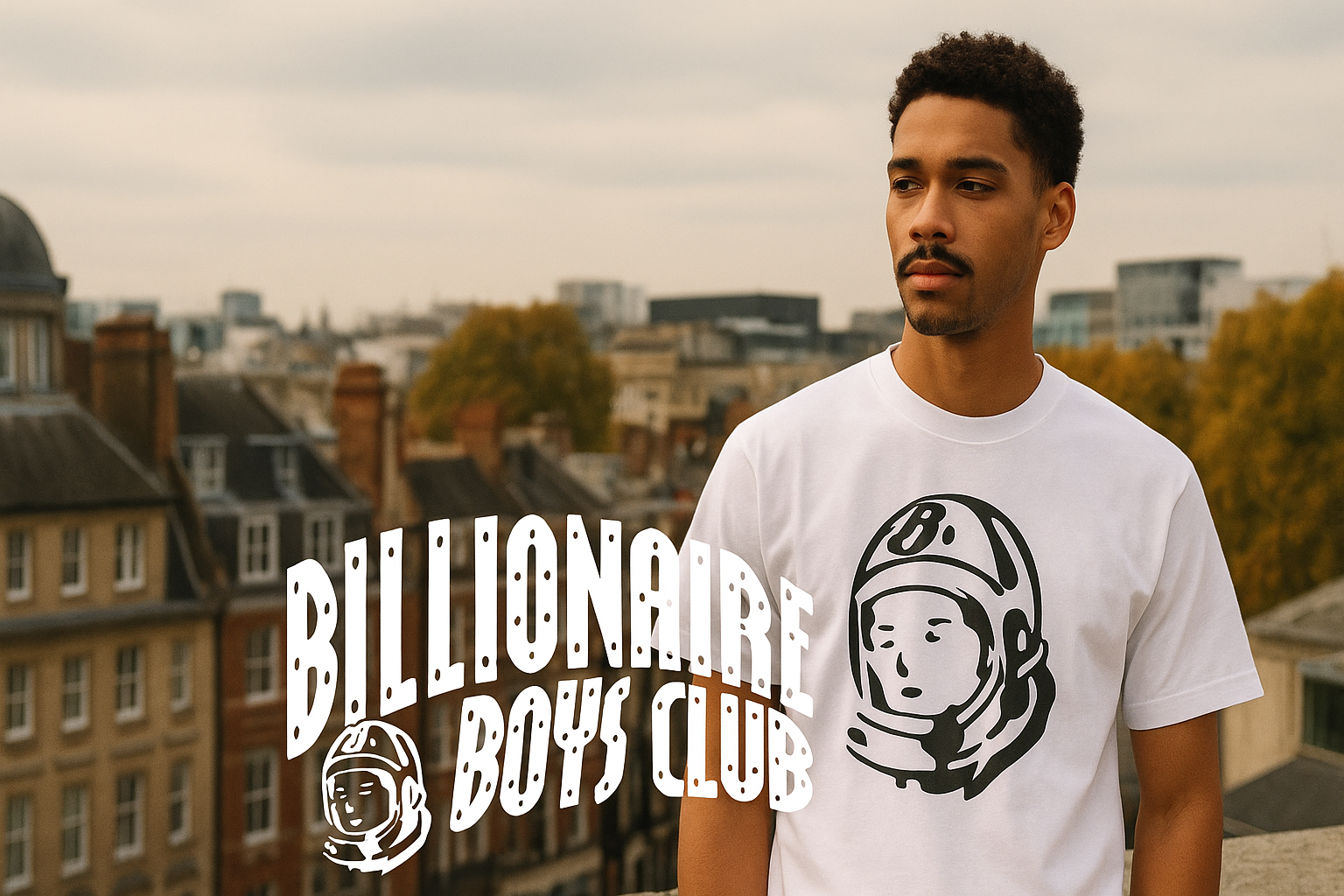 Billionaire Boys Club banner with Astro Helmet T-Shirt in white featuring astronaut helmet logo, London rooftop backdrop