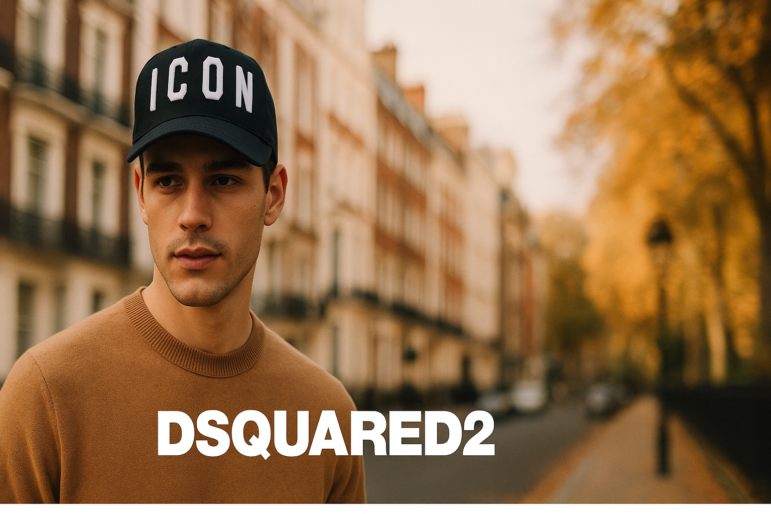 Dsquared2 banner with accurate ICON text on cap, London street backdrop, natural model pose, centrally positioned logo