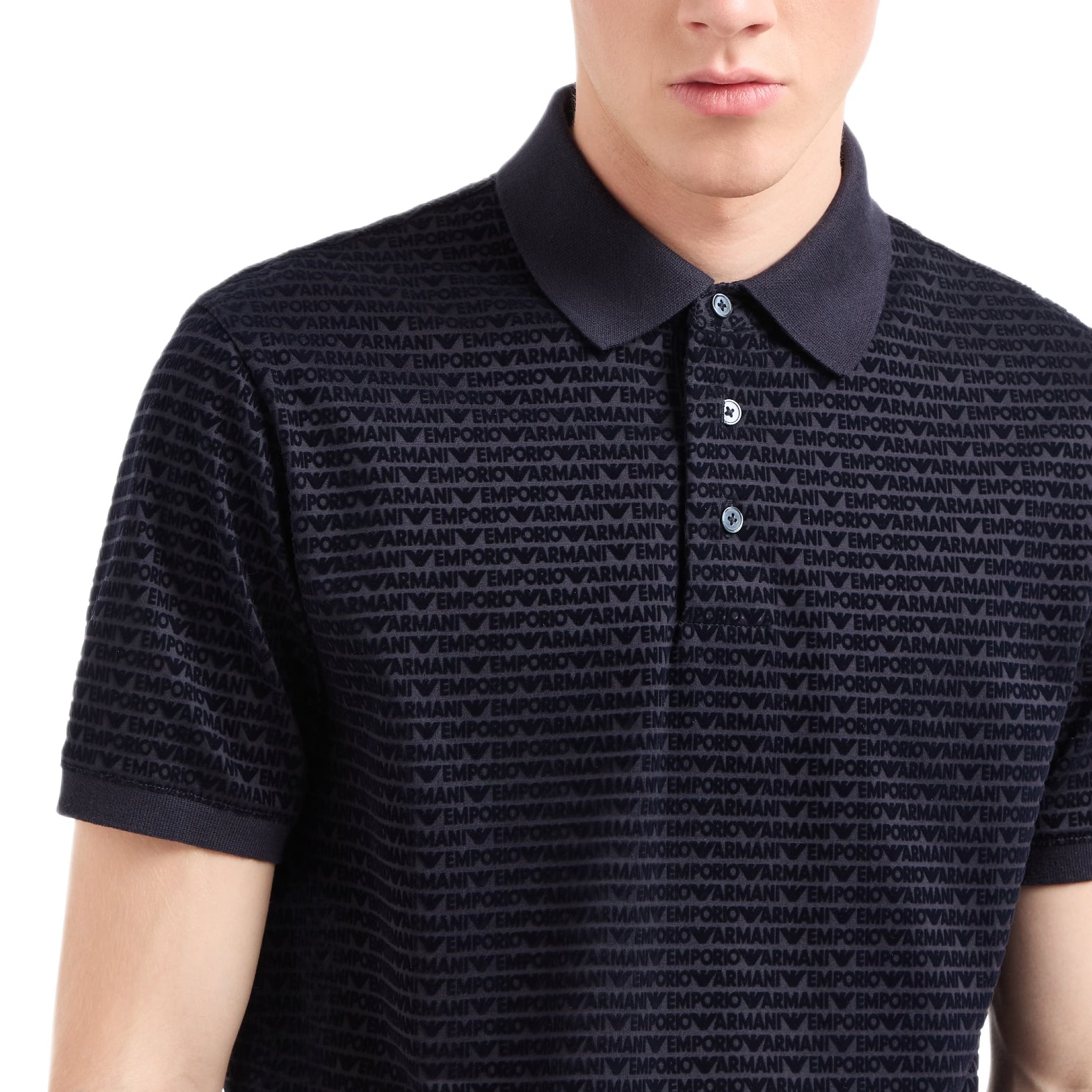 Emporio Armani Flocked AOP Polo Shirt - Navy Blue - Escape Menswear