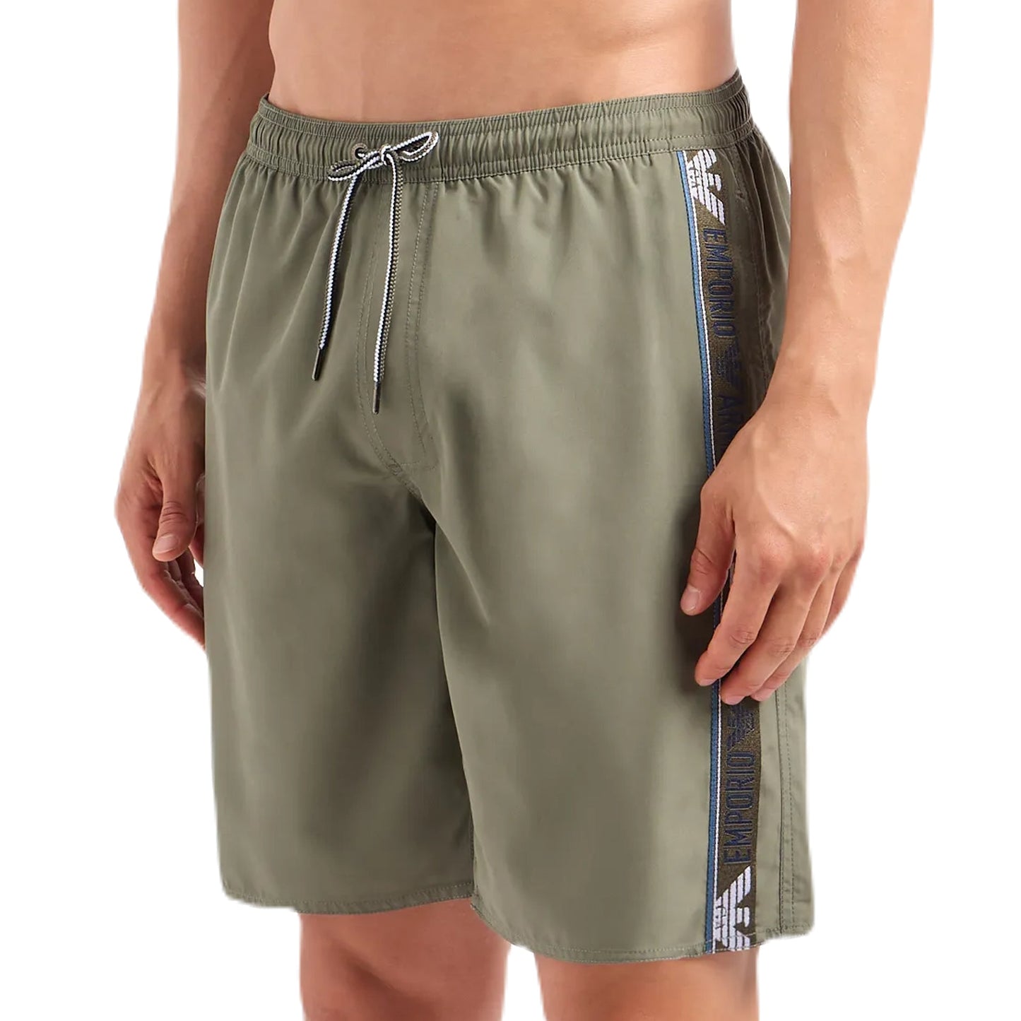 Emporio Armani Stripe Logo Swim Shorts - Military Green - Escape Menswear