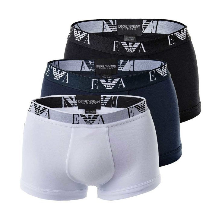 Emporio Armani 3-Pack Monogram Trunks - Blk/Wht/Navy - Escape Menswear