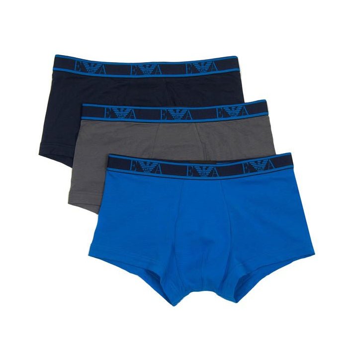 Emporio Armani 3-Pack Monogram Trunks - Blu/Grey/Navy - Escape Menswear