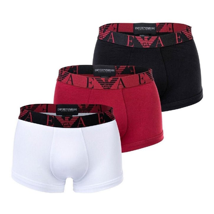 Emporio Armani 3-Pack Monogram Trunks - Wht/Red/Navy - Escape Menswear