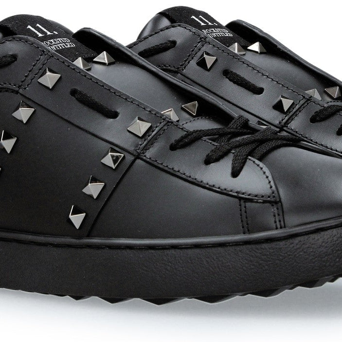 Valentino Rockstud Calfskin Leather Trainers - 0NO Black - Escape Menswear