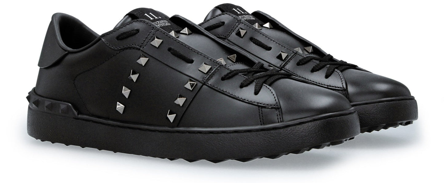 Valentino Rockstud Calfskin Leather Trainers - 0NO Black - Escape Menswear