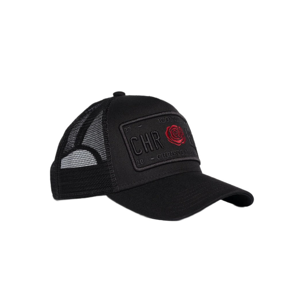 Christian Rose Iconic II Red Rose Trucker Cap - Black/Black/Red - Escape Menswear