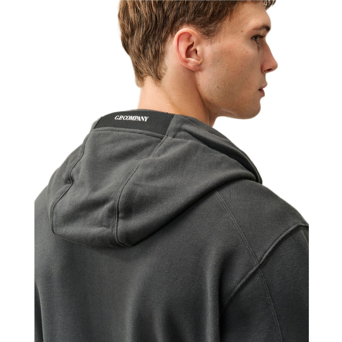 CP Company Diagonal Fleece Lens Hoodie - 985 Raven Grey - Escape Menswear