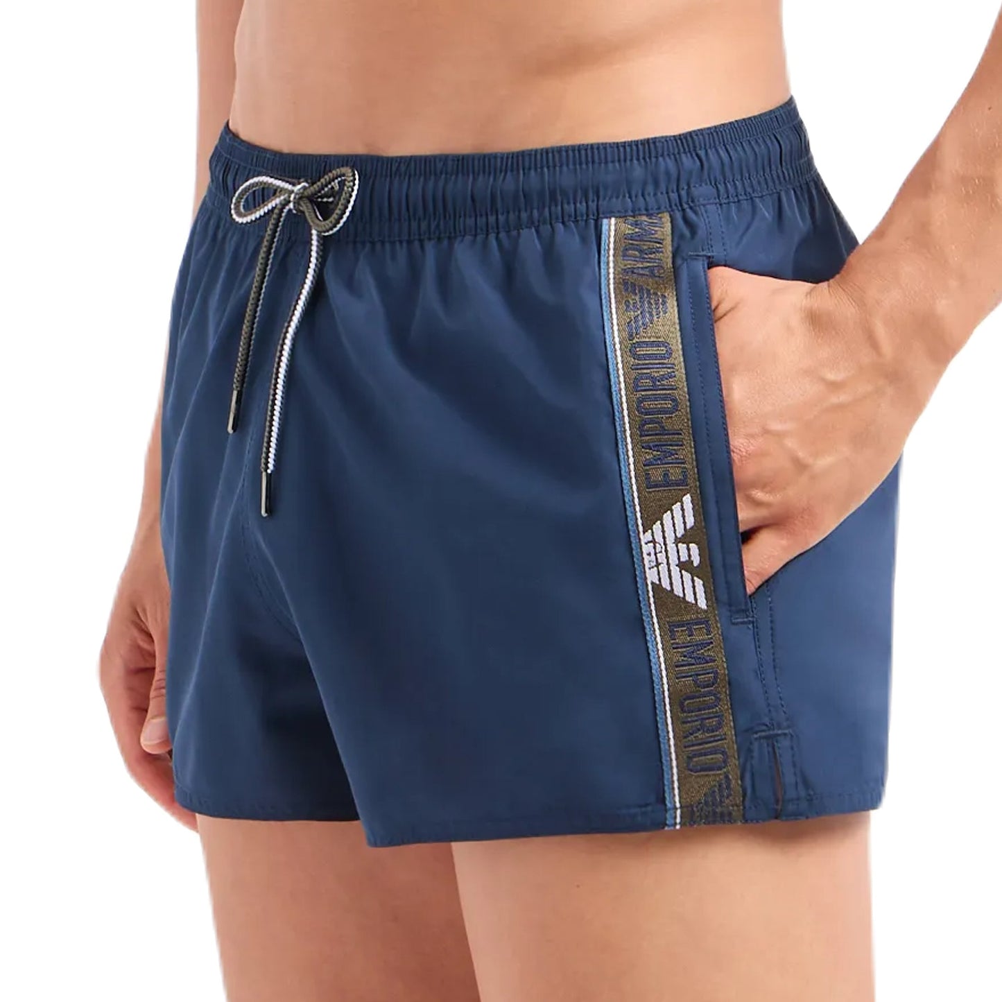 Emporio Armani Stripe Logo Swim Shorts - Navy - Escape Menswear