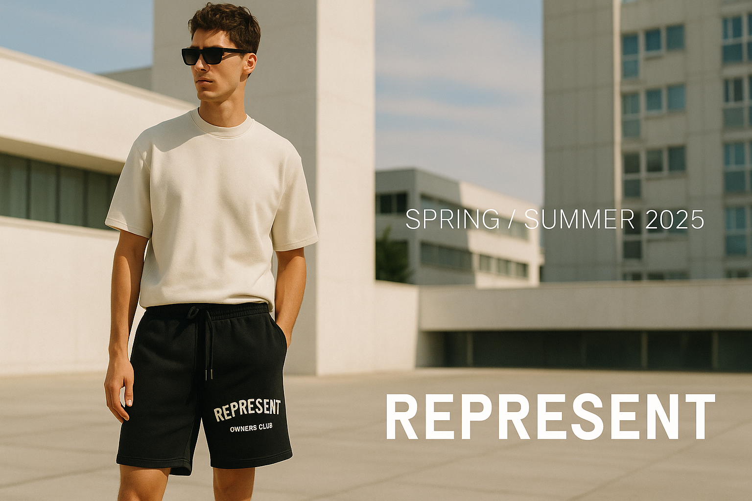 Represent Spring / Summer 2025 hero banner featuring Owners Club Shorts with prominent brand logo