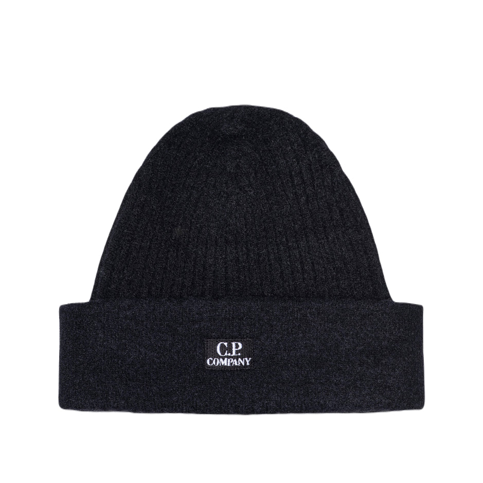 C.P. Company CMAC306A Fleece Knit Logo Beanie - 999 Black - Escape Menswear