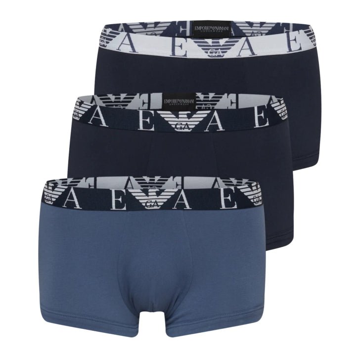 Emporio Armani 3-Pack Monogram Trunks - Blue/Navy/Blu - Escape Menswear