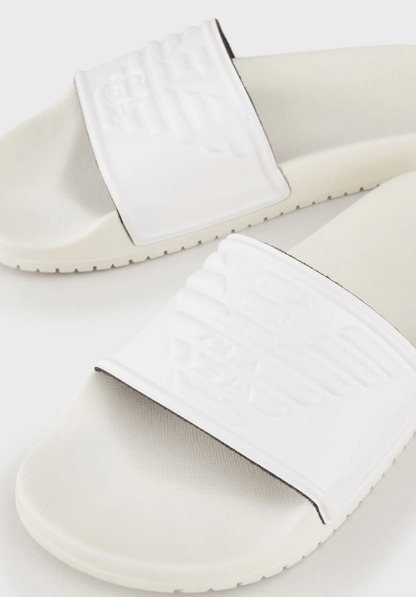 Emporio Armani Embossed Eagle Logo Sliders - White - Escape Menswear