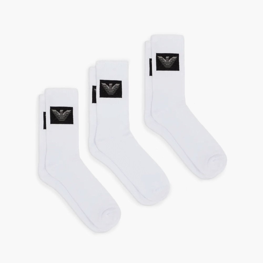 Emporio Armani Logo 3 Pack Short Socks - 010 White - Escape Menswear
