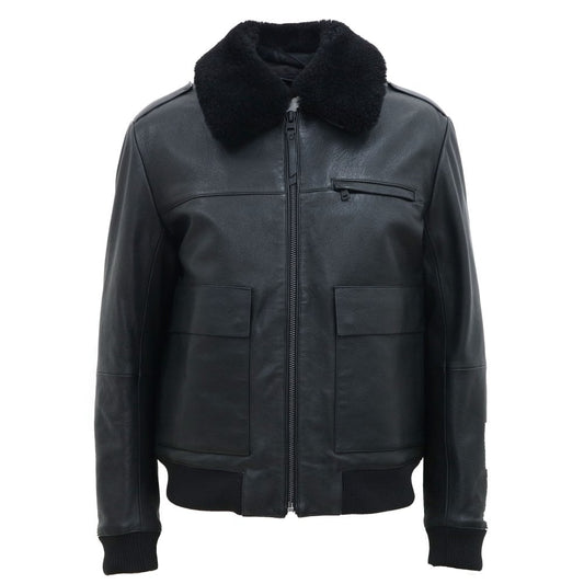 Hugo Lyan Shearling Collar Leather Jacket - 001 Black - Escape Menswear